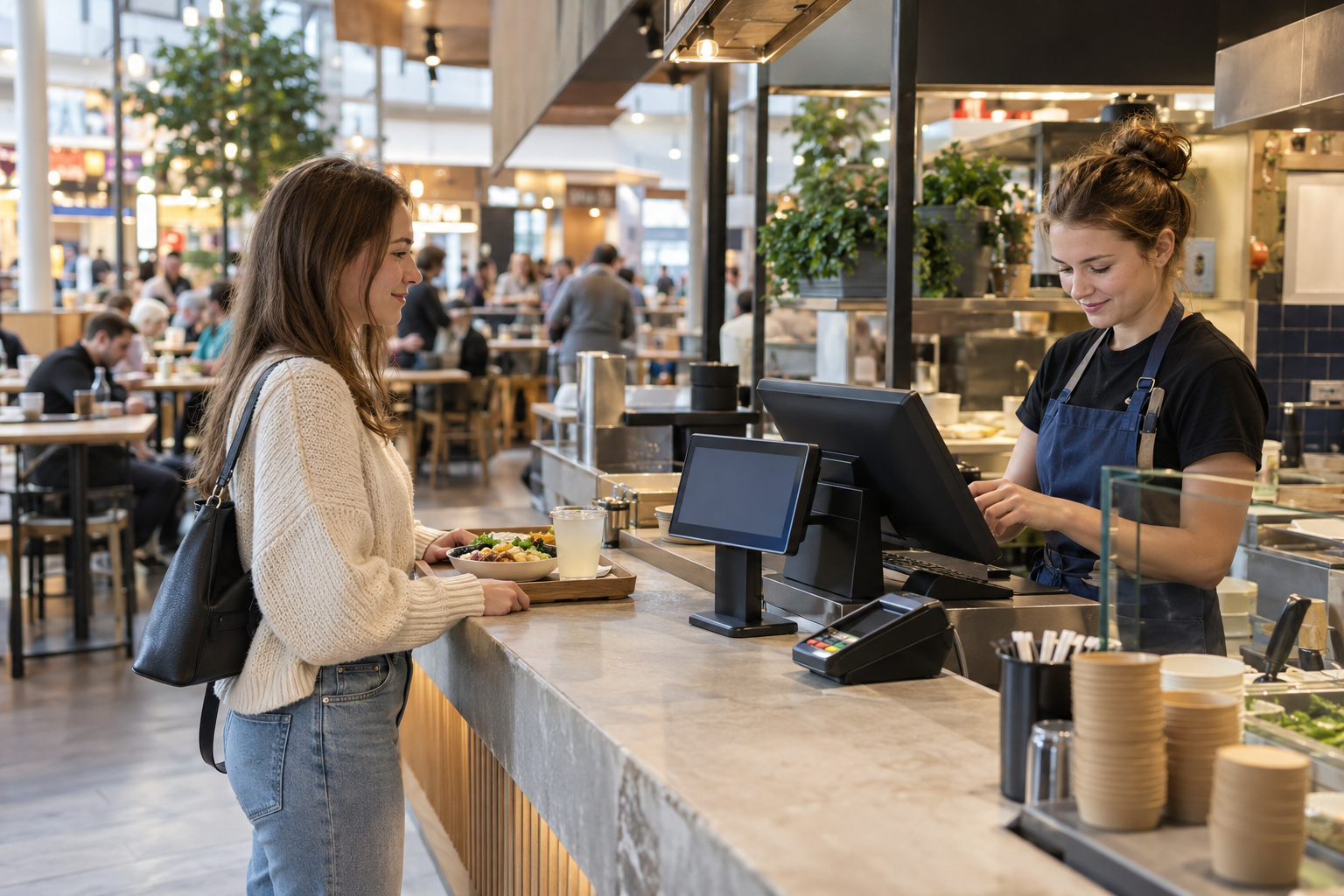 Pokladničná zostava pri pulte food court prevádzky